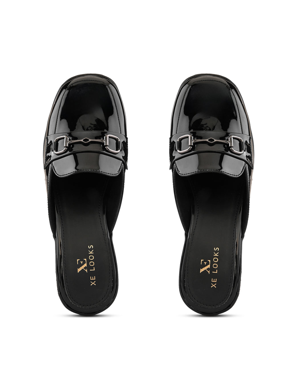 Elegant Patent Mule Loafers with Metal Chain Detail