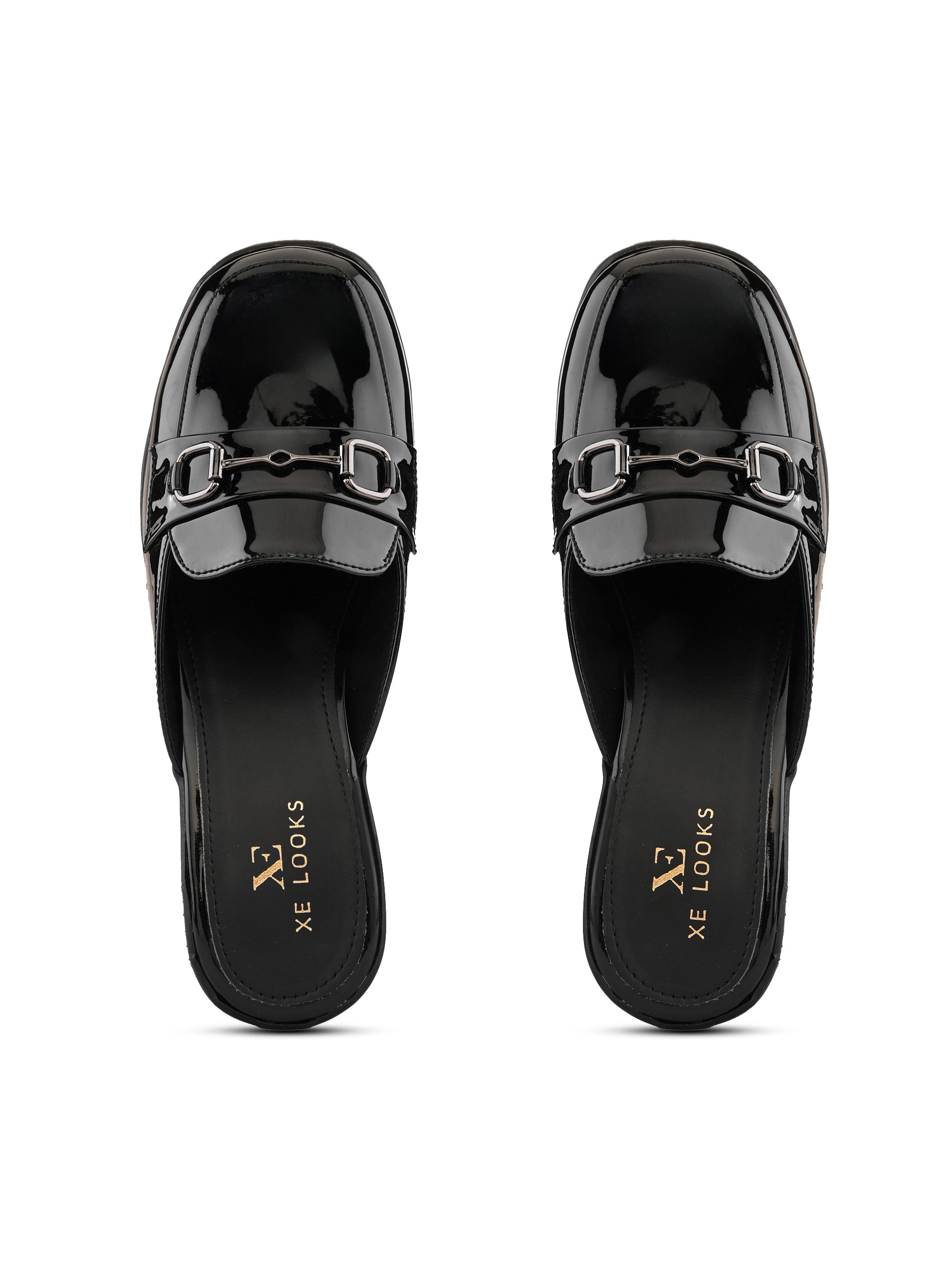 Elegant Patent Mule Loafers with Metal Chain Detail
