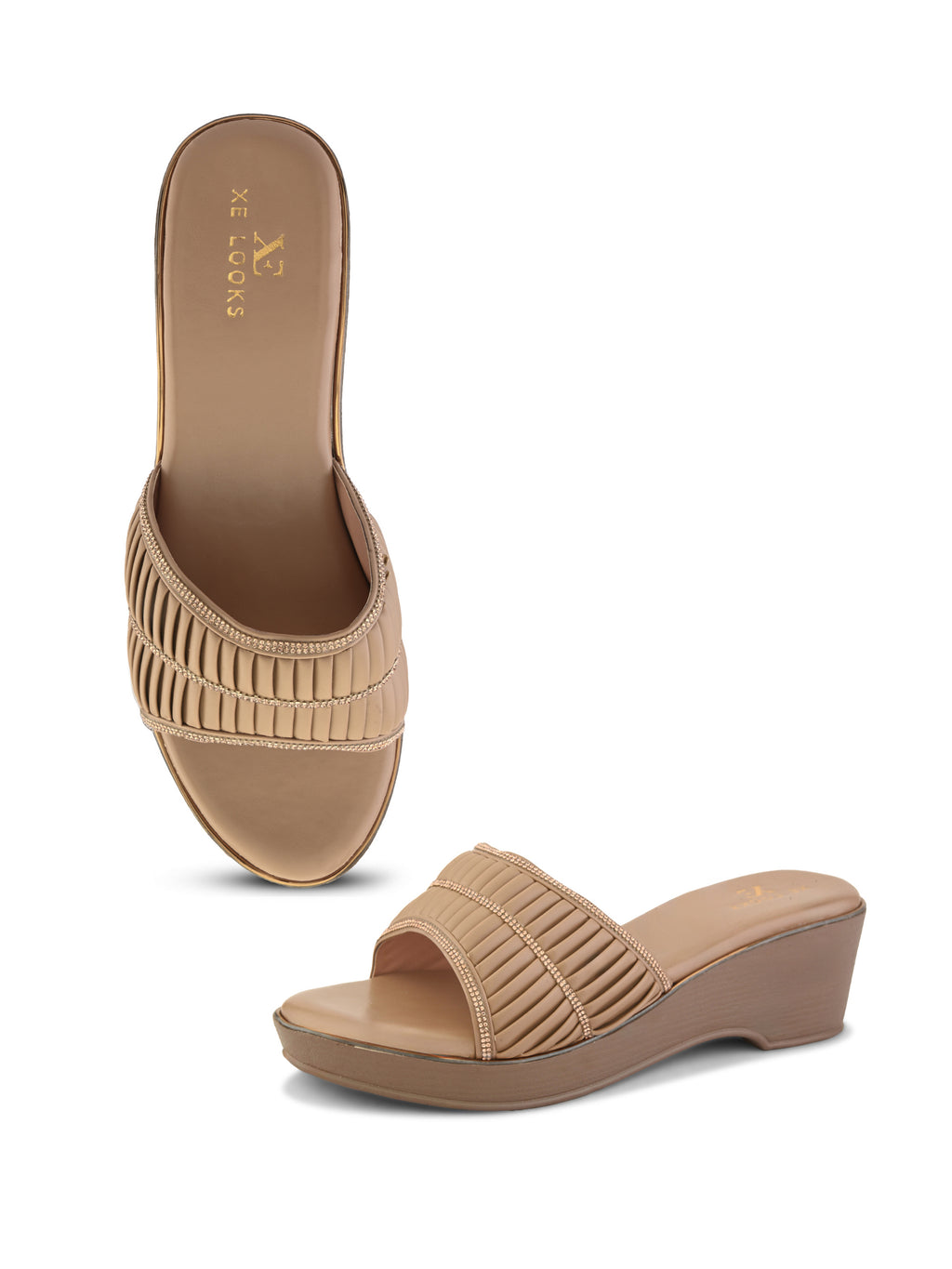 Classic Wedge Sandals Broad Pleated Strap with Subtle Embellishment for Women