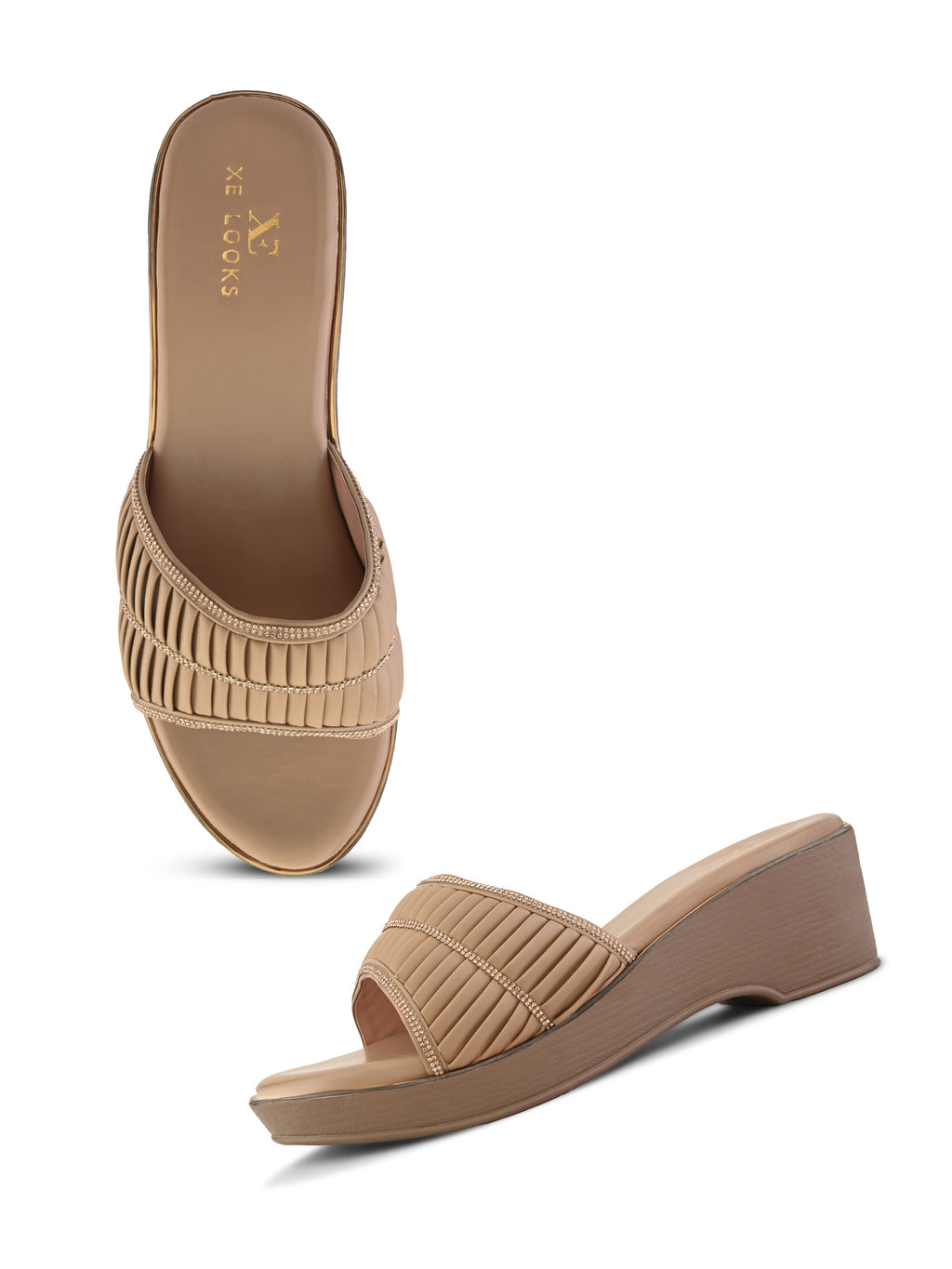 Classic Wedge Sandals Broad Pleated Strap with Subtle Embellishment for Women