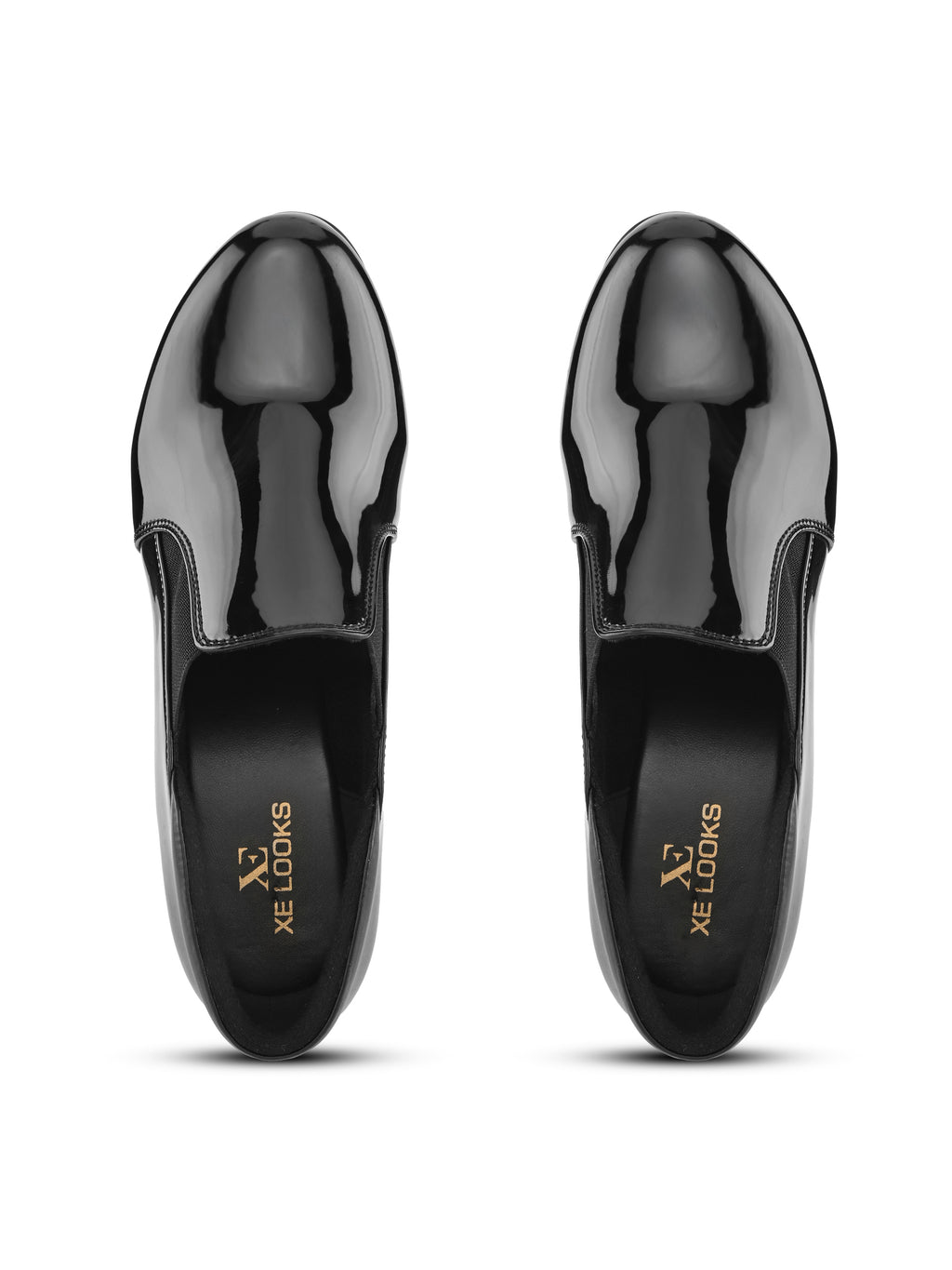 GLOSSY FINISH SLIP-ON BLOCK HEEL LOAFERS