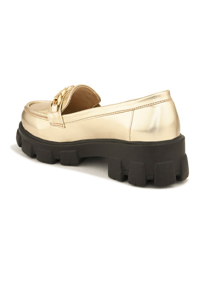 Glossy  Loafers with Chunky Sole and Gold Chain Accent