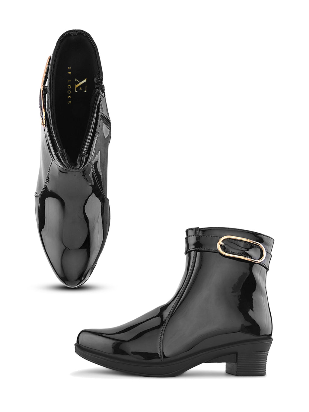 Glossy Buckle Accent Side Zip Block Heel Ankle Boots