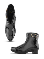 Glossy Buckle Accent Side Zip Block Heel Ankle Boots