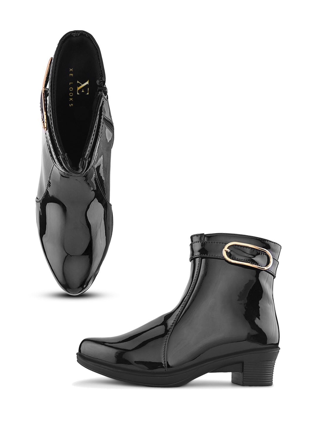 Glossy Buckle Accent Side Zip Block Heel Ankle Boots