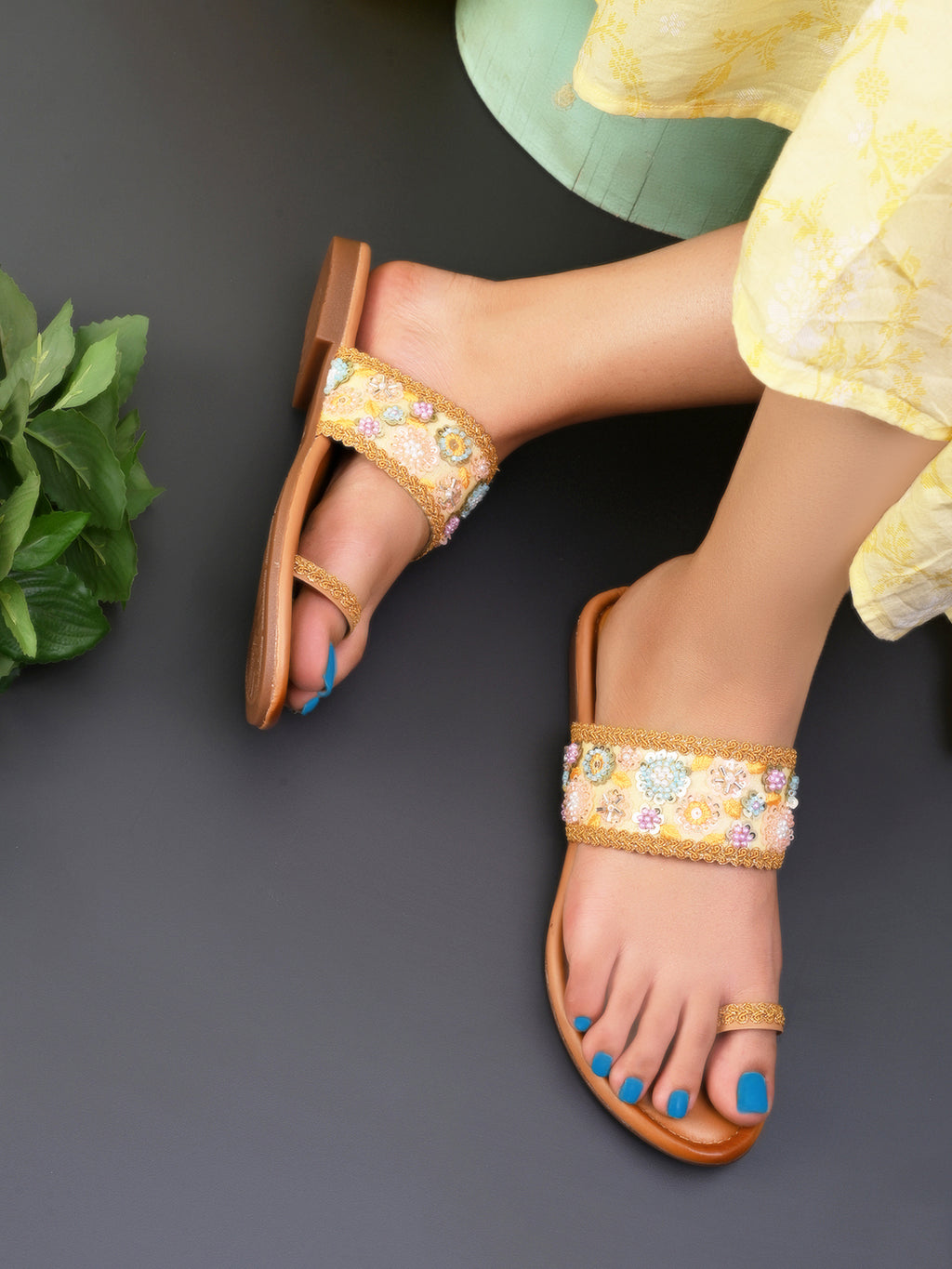 Embellished Toe-Ring Flats with Floral Beadwork