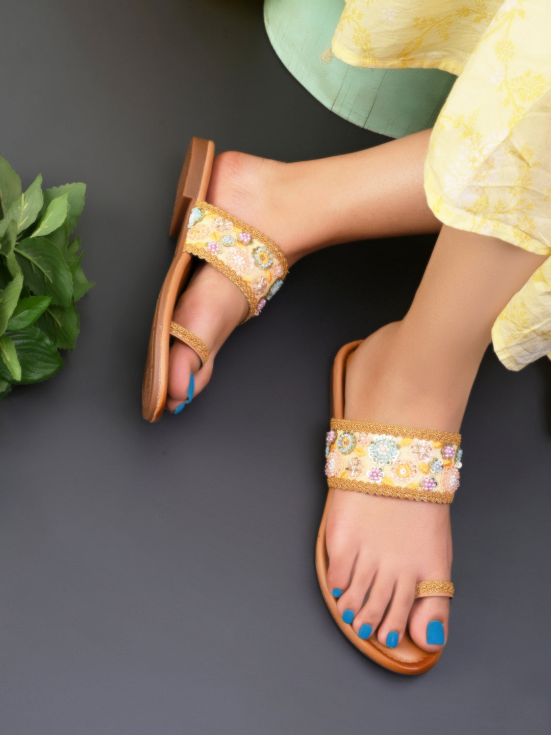 Embellished Toe-Ring Flats with Floral Beadwork
