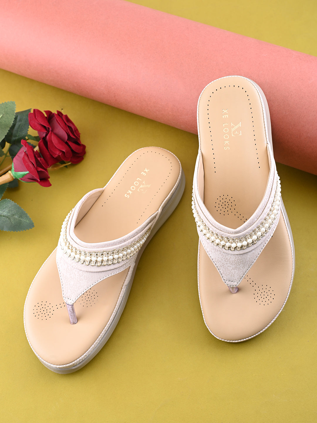 Embellished Pearl Strap Cushioned Comfort Platform Sandals