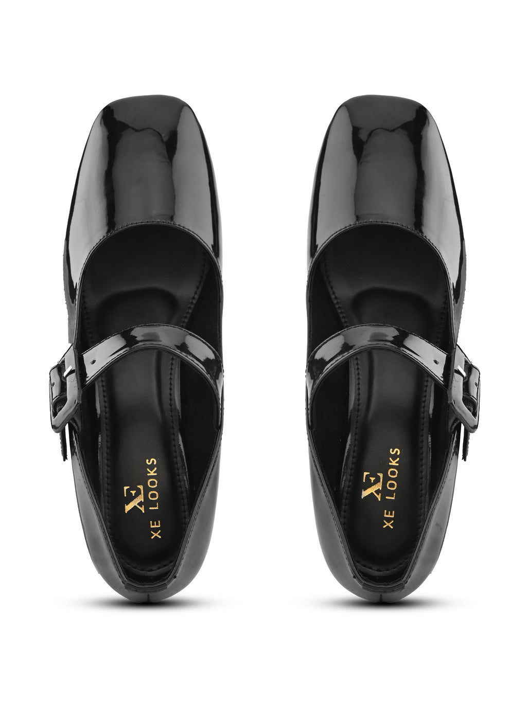 Glossy Patent-Finish Buckle Strap Block Heel Closed Toe Pumps