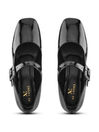 Glossy Patent-Finish Buckle Strap Block Heel Closed Toe Pumps