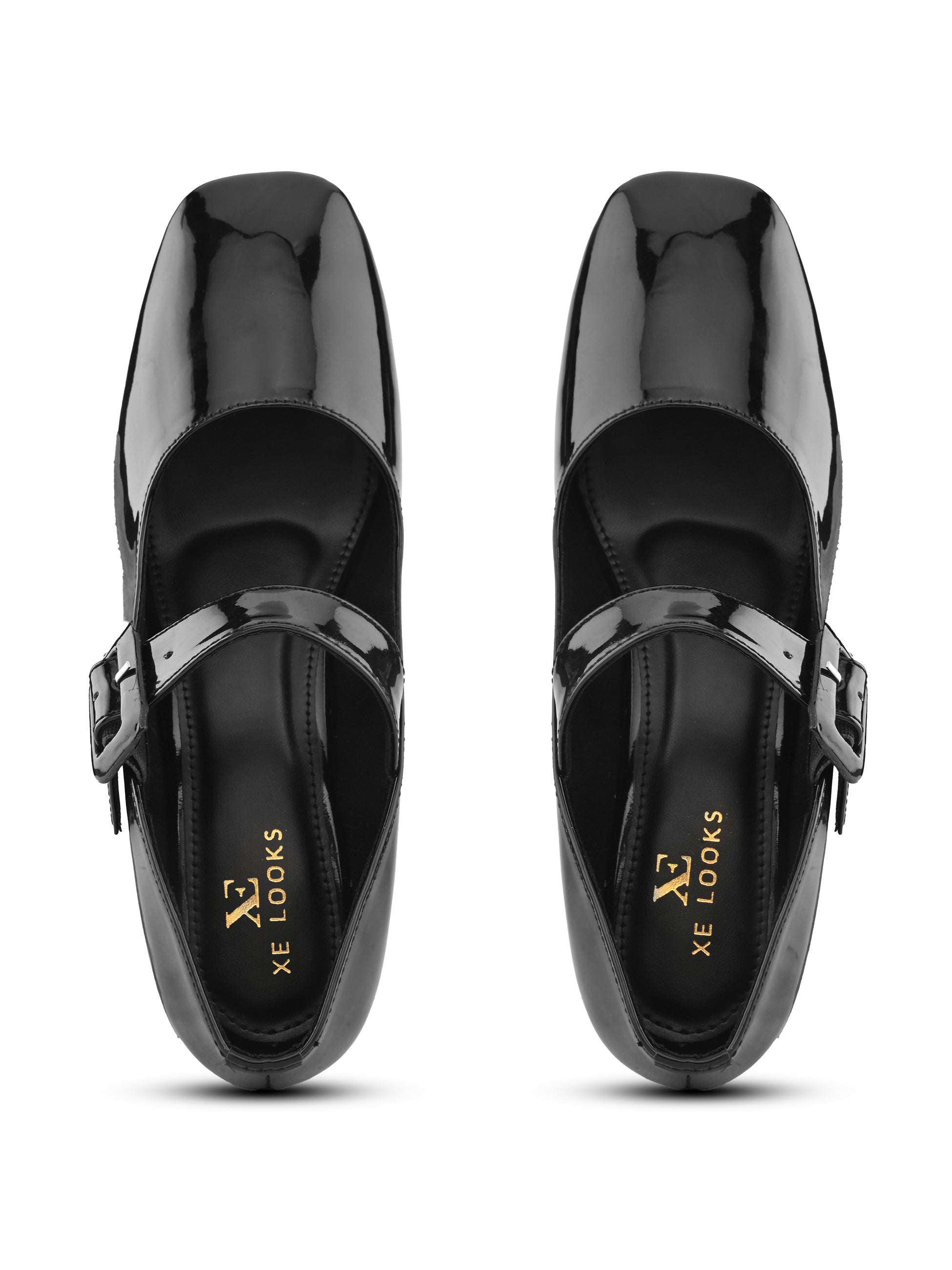 Glossy Patent-Finish Buckle Strap Block Heel Closed Toe Pumps