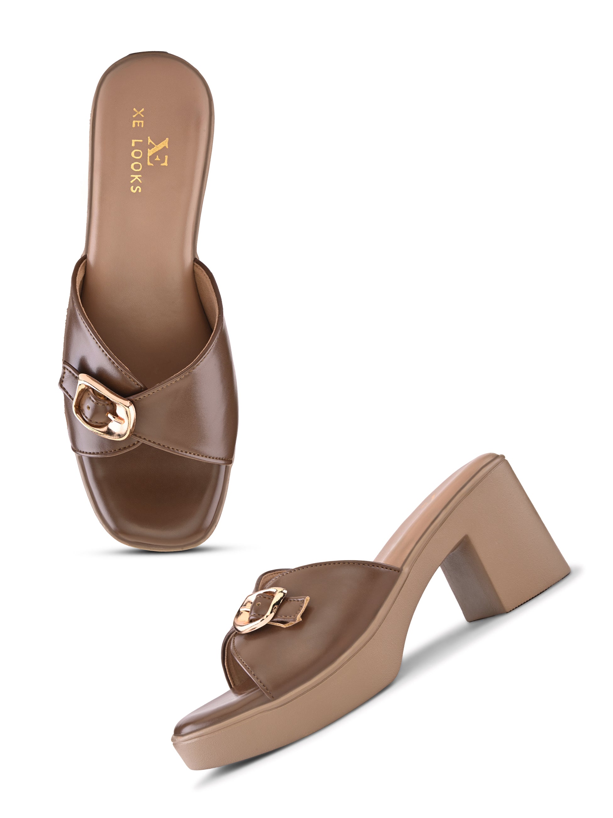 Glossy Buckle Accent Slip-On Block Heel Sandals