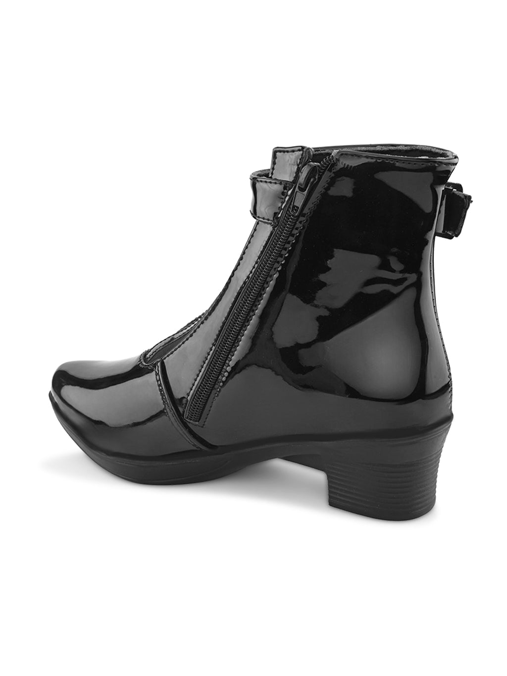 Glossy Buckle Accent Side Zipper Block Heel Ankle Boots