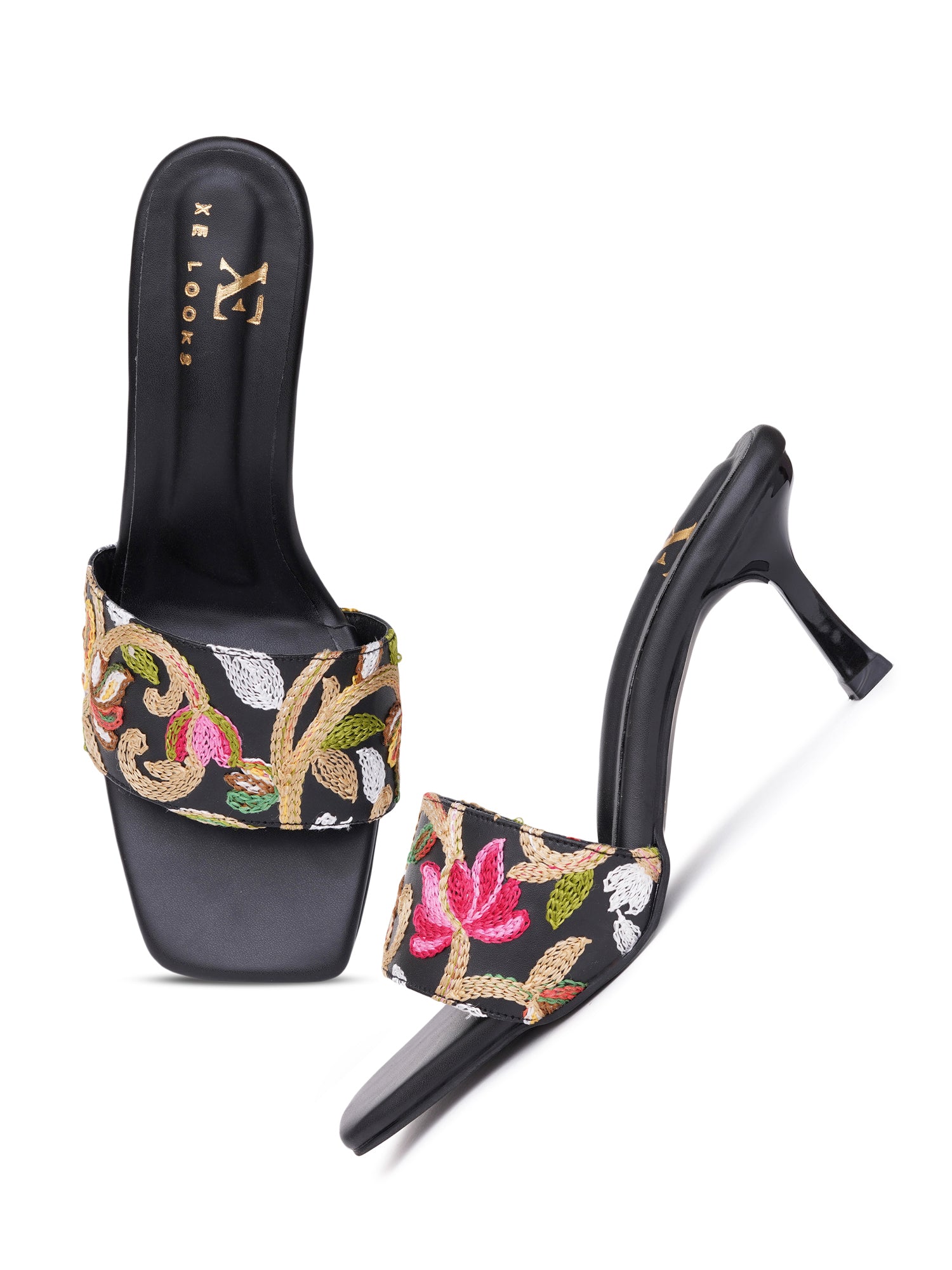 Embroidered Strap Comfort Heel Sandals