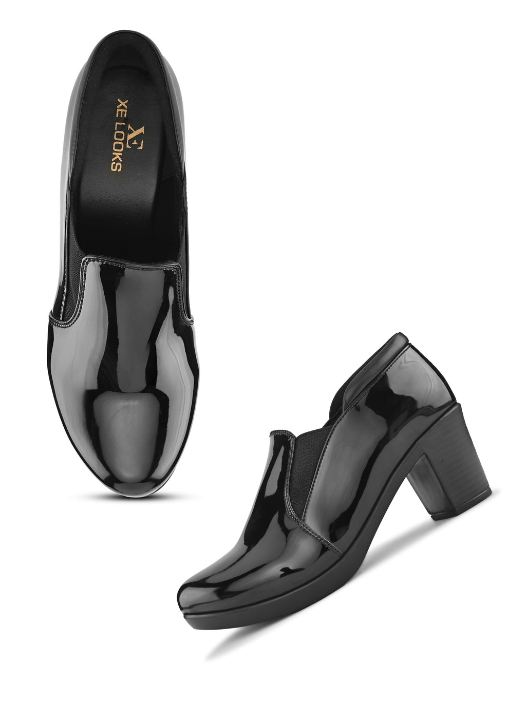 GLOSSY FINISH SLIP-ON BLOCK HEEL LOAFERS