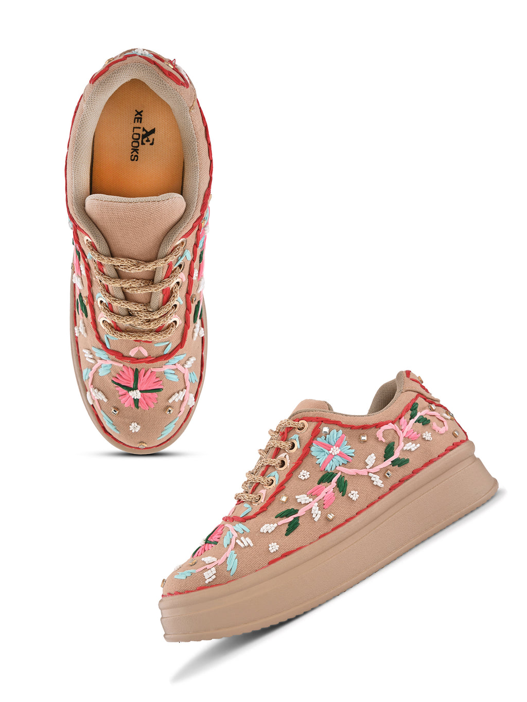 Embroidered Floral Lace-Up Platform Sneakers