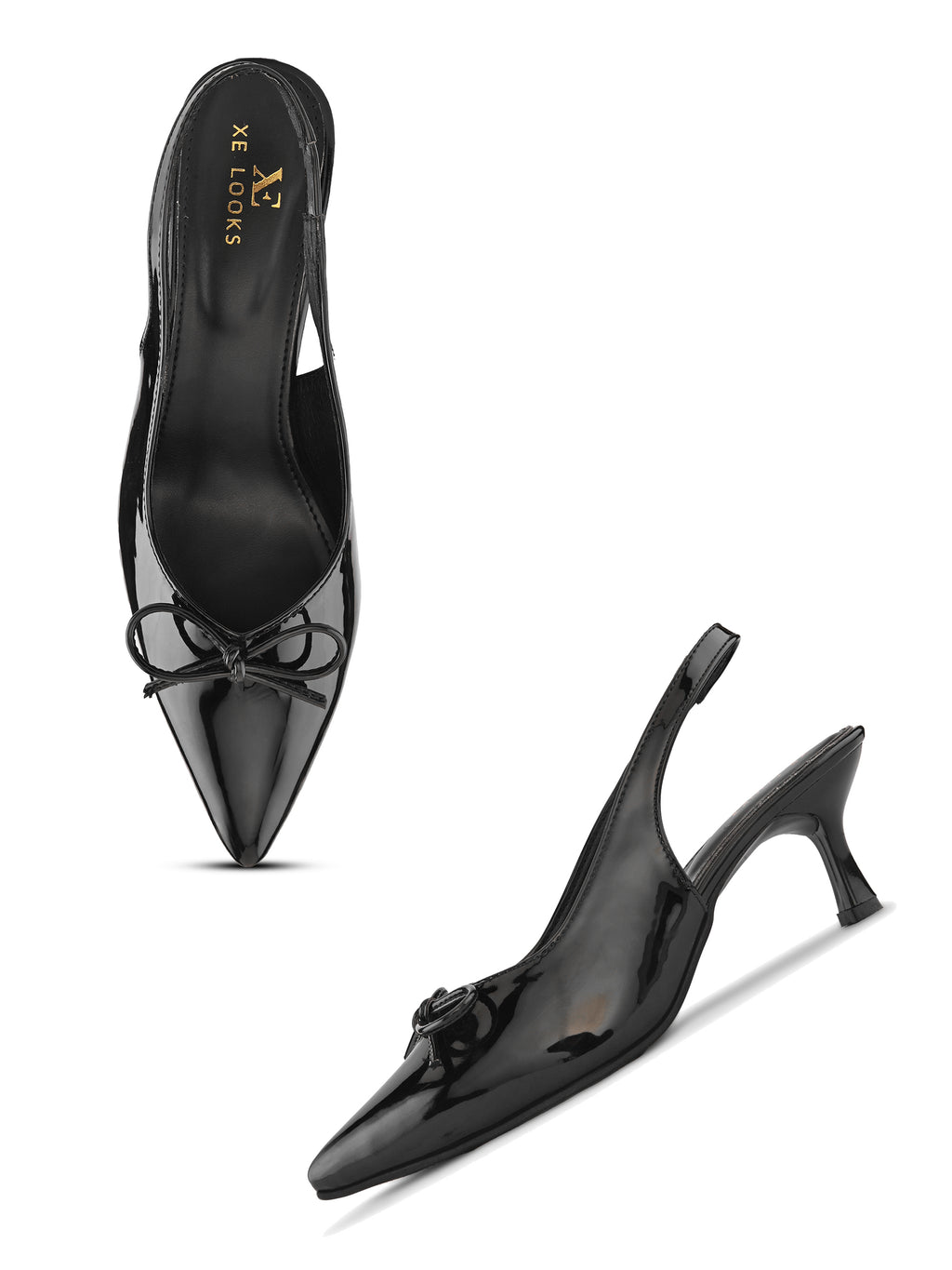 Glossy Patent-Finish Bow Detail Slingback Pointed Toe Pumps