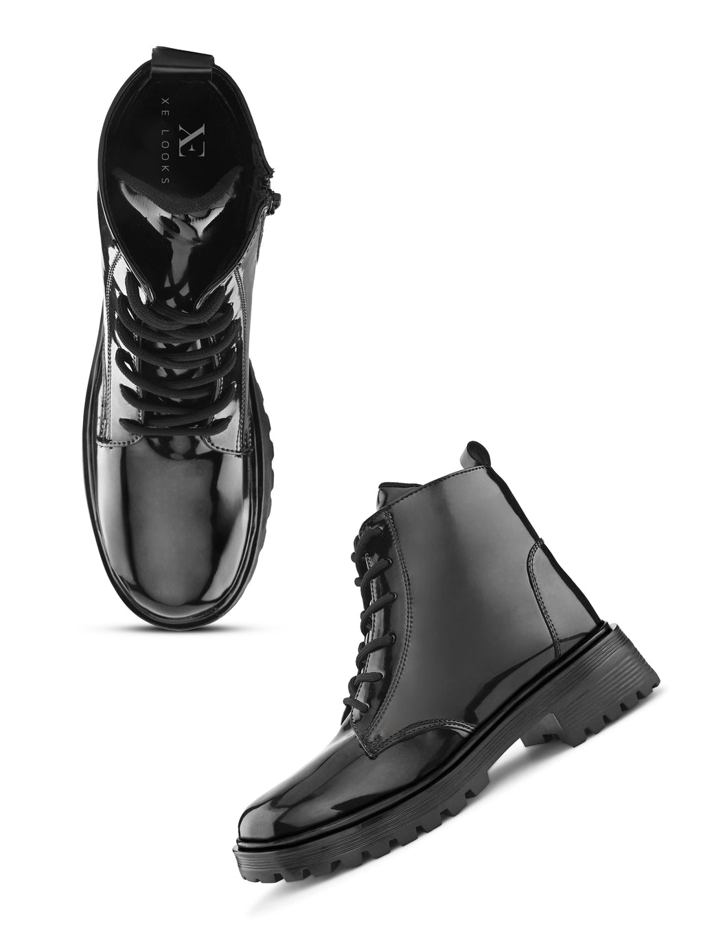 Glossy Lace-Up Side Zip Chunky Sole Ankle Boots