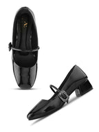 Glossy Strap Detail Cushioned Block Heel Mary Jane Pumps