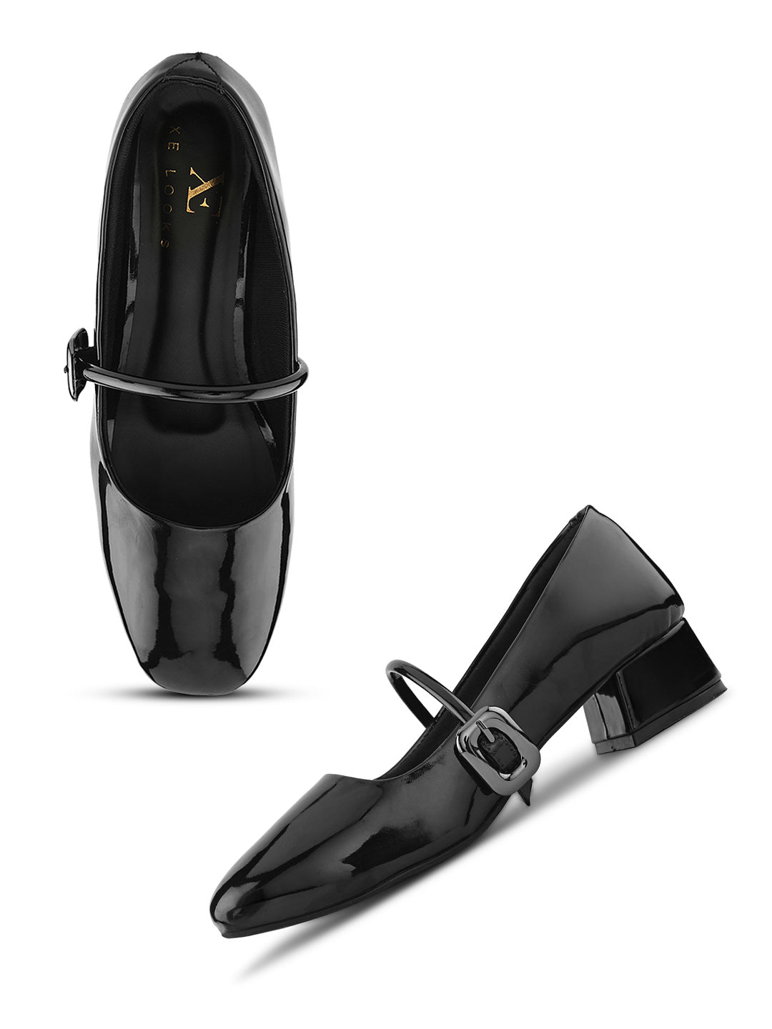 Glossy Strap Detail Cushioned Block Heel Mary Jane Pumps