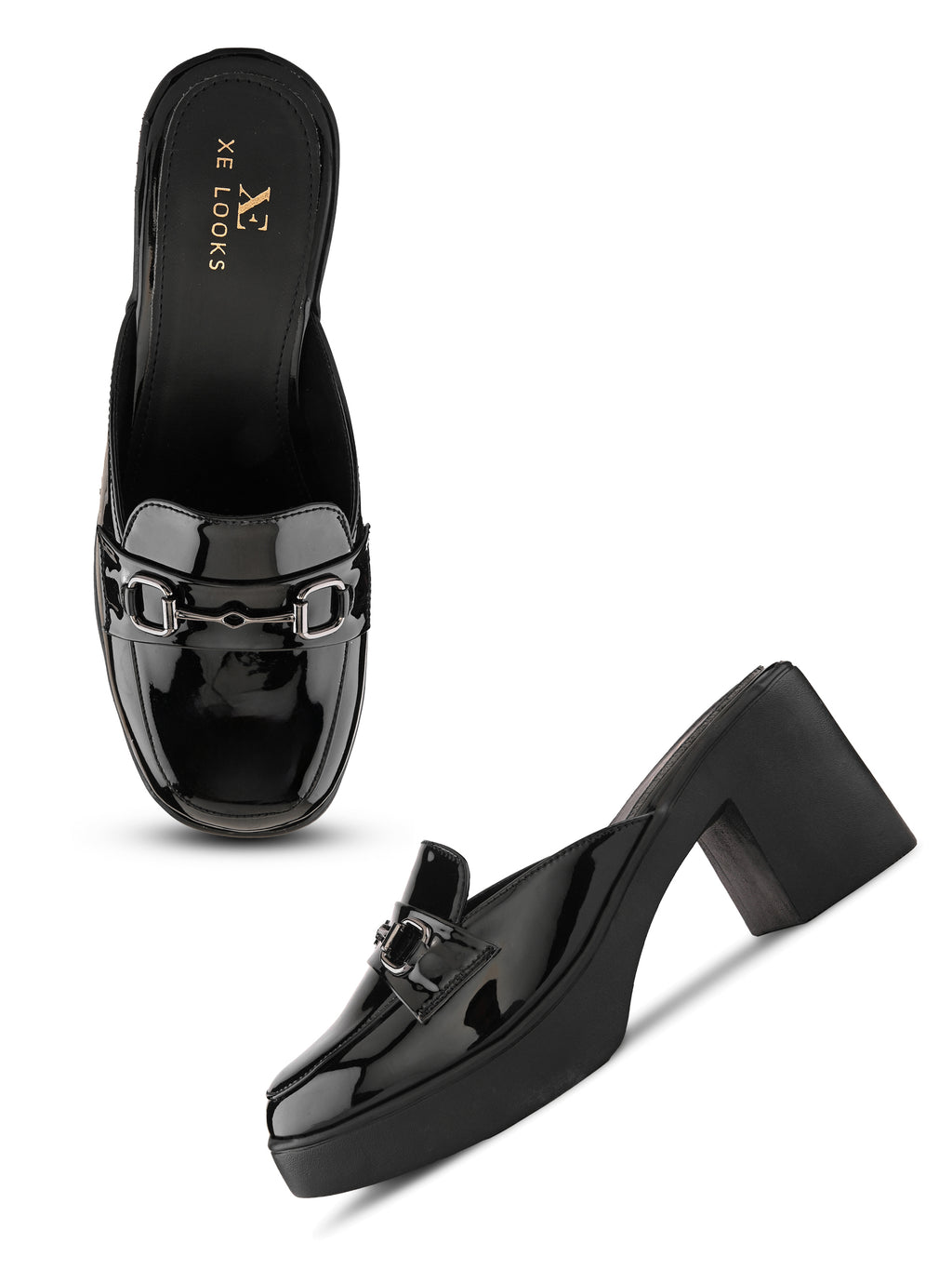 Elegant Patent Mule Loafers with Metal Chain Detail