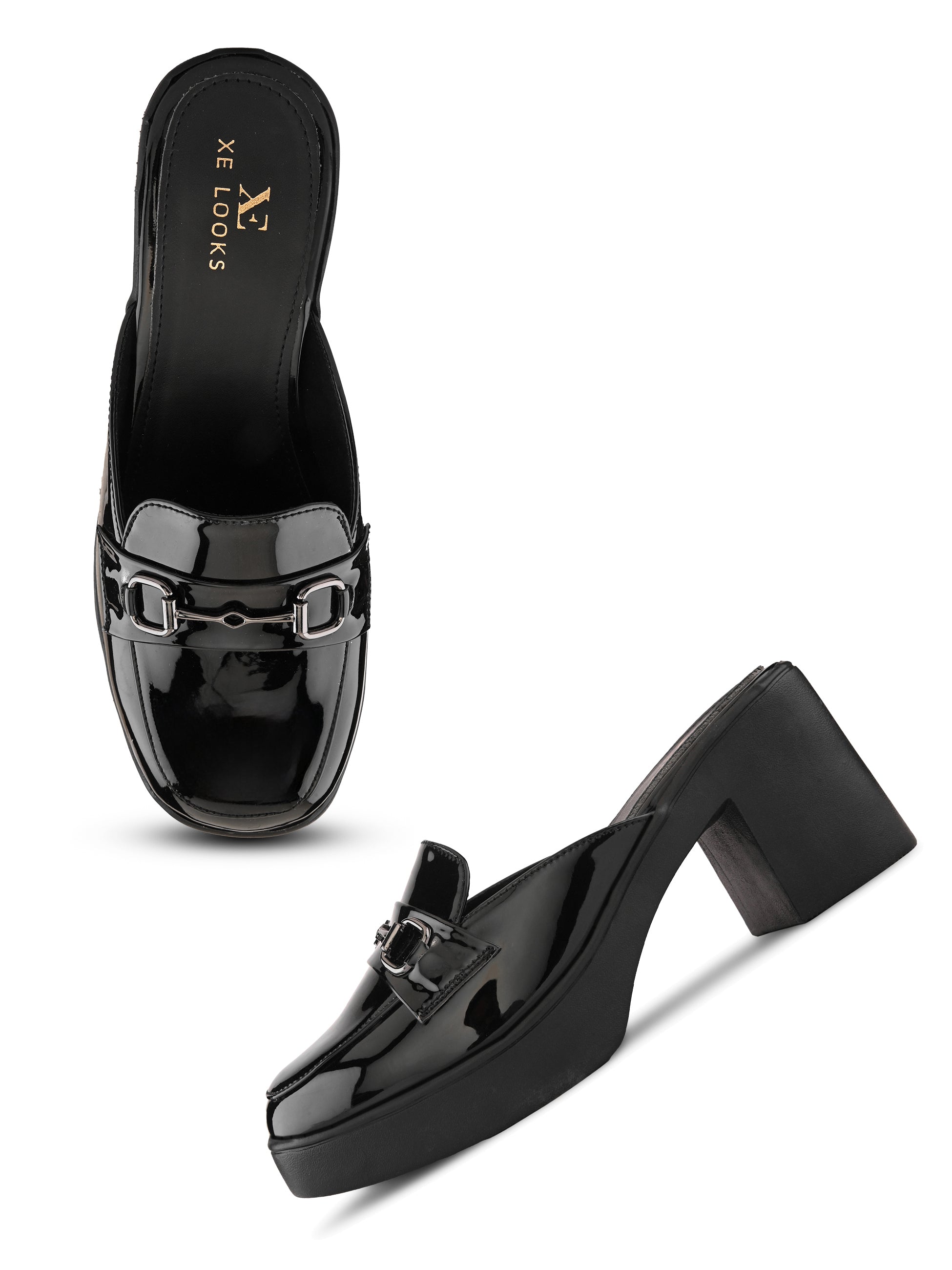 Elegant Patent Mule Loafers with Metal Chain Detail