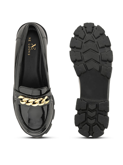 Glossy  Loafers with Chunky Sole and Gold Chain Accent