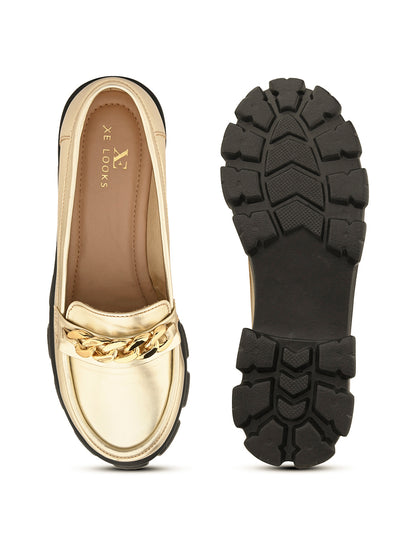 Glossy  Loafers with Chunky Sole and Gold Chain Accent