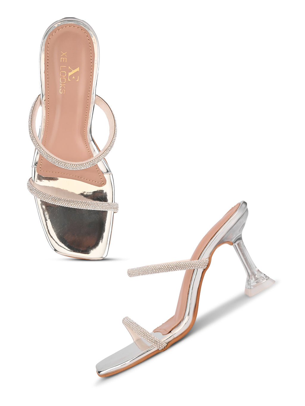 Rhinestone Double Strap Transparent Sculpted Heel Sandals
