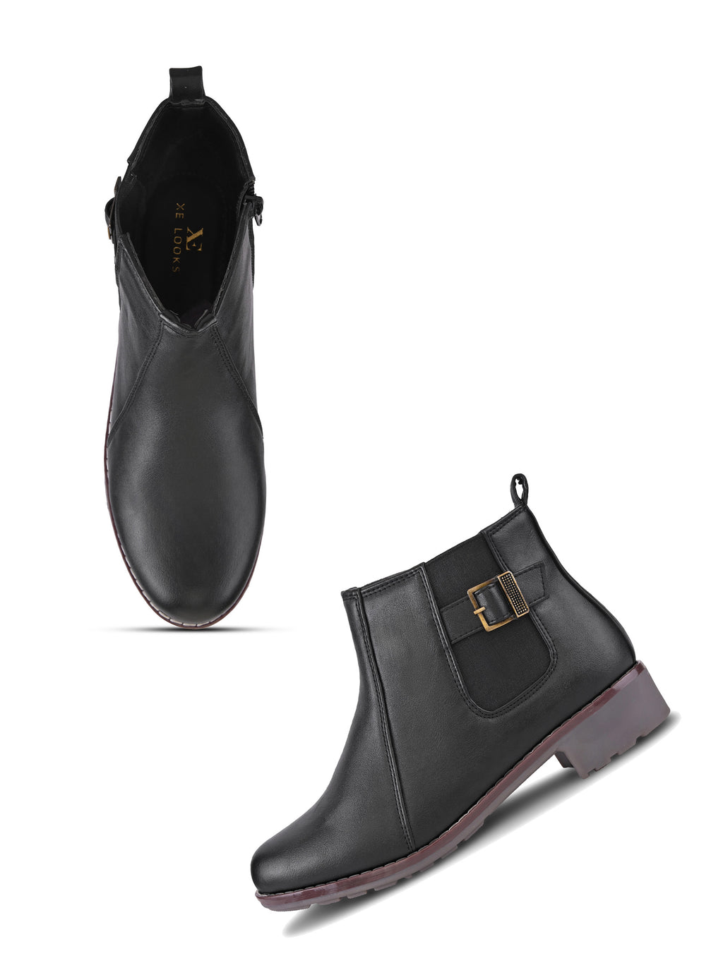 Buckle Accent Side Elastic Low Block Heel Ankle Boots