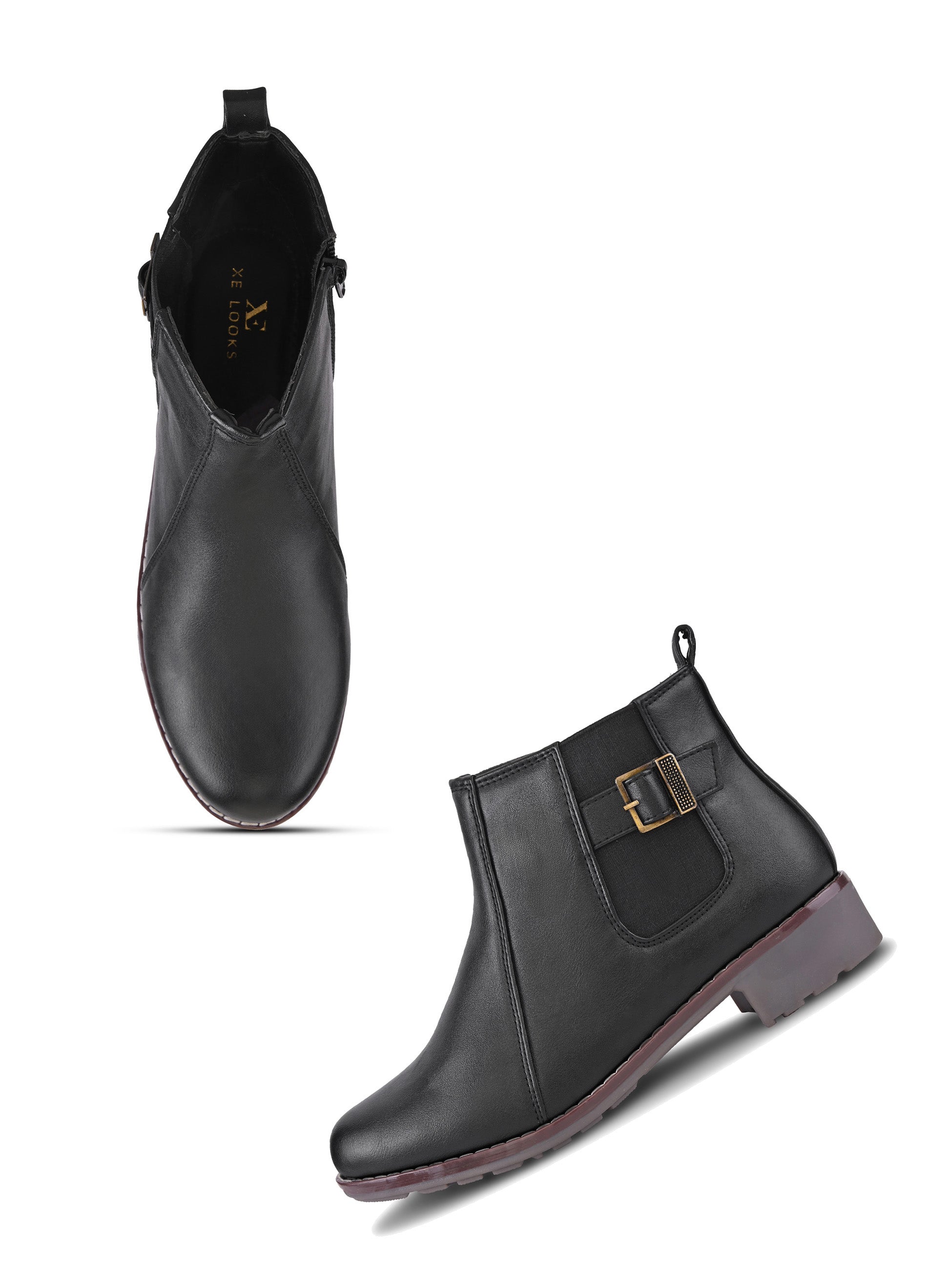 Buckle Accent Side Elastic Low Block Heel Ankle Boots