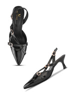 Glossy Patent-Finish Multi Buckle Strap Slingback Pointed Toe Pumps