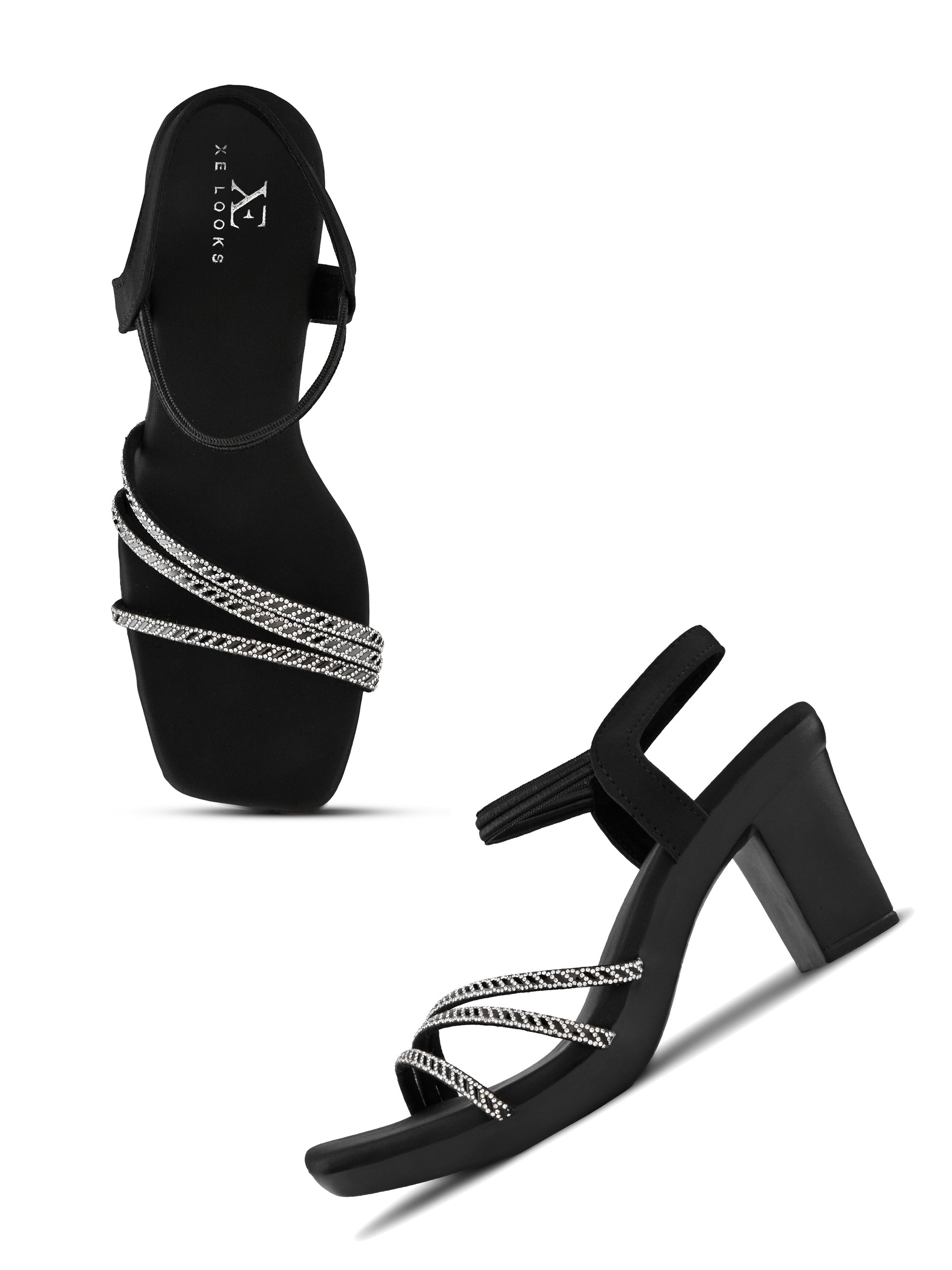 Rhinestone Strappy Soft Cushioned Block Heel Sandals