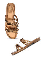 METALLIC DOUBLE BOW SQUARE TOE FLAT SANDALS