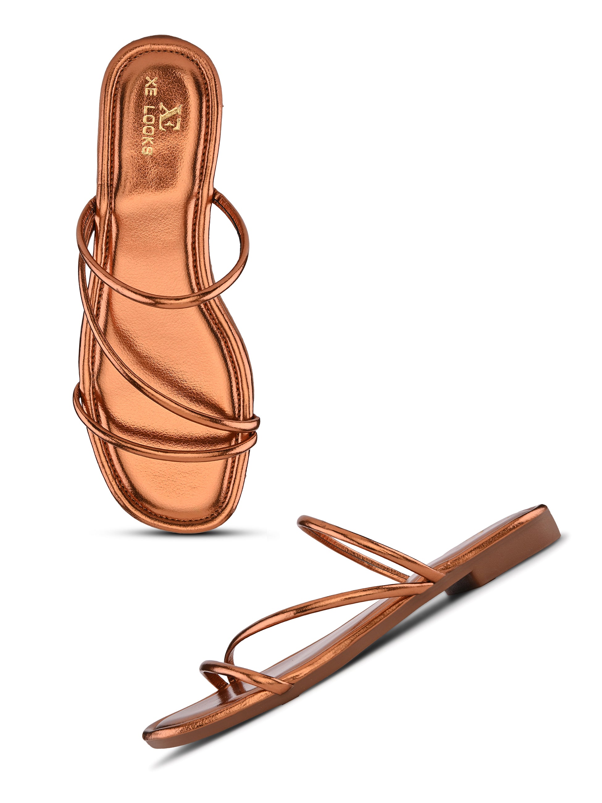 METALLIC STRAPPY SQUARE TOE FLAT SANDALS