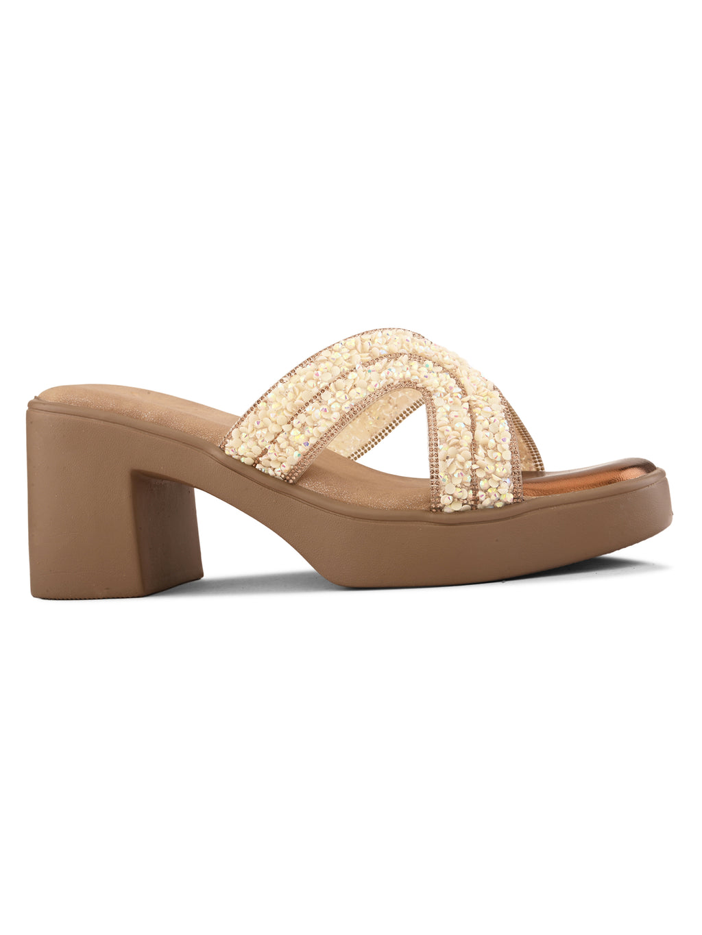 Embellished Criss-Cross Beaded Design Slip-On Block Heel Sandals