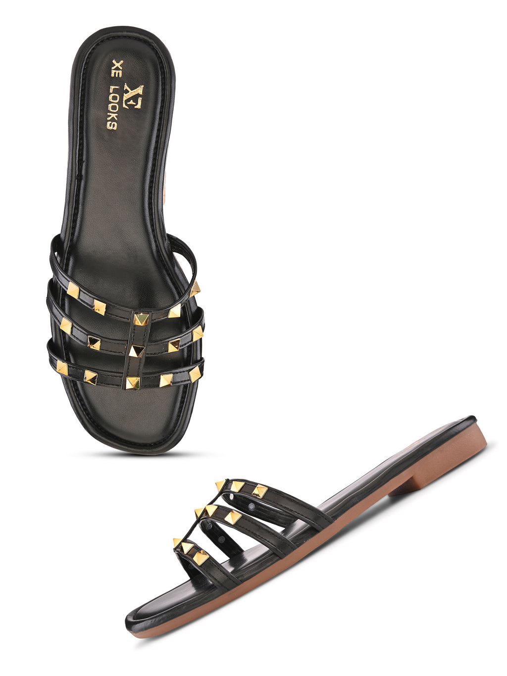 STUDDED MULTI-STRAP OPEN TOE FLAT SANDALS