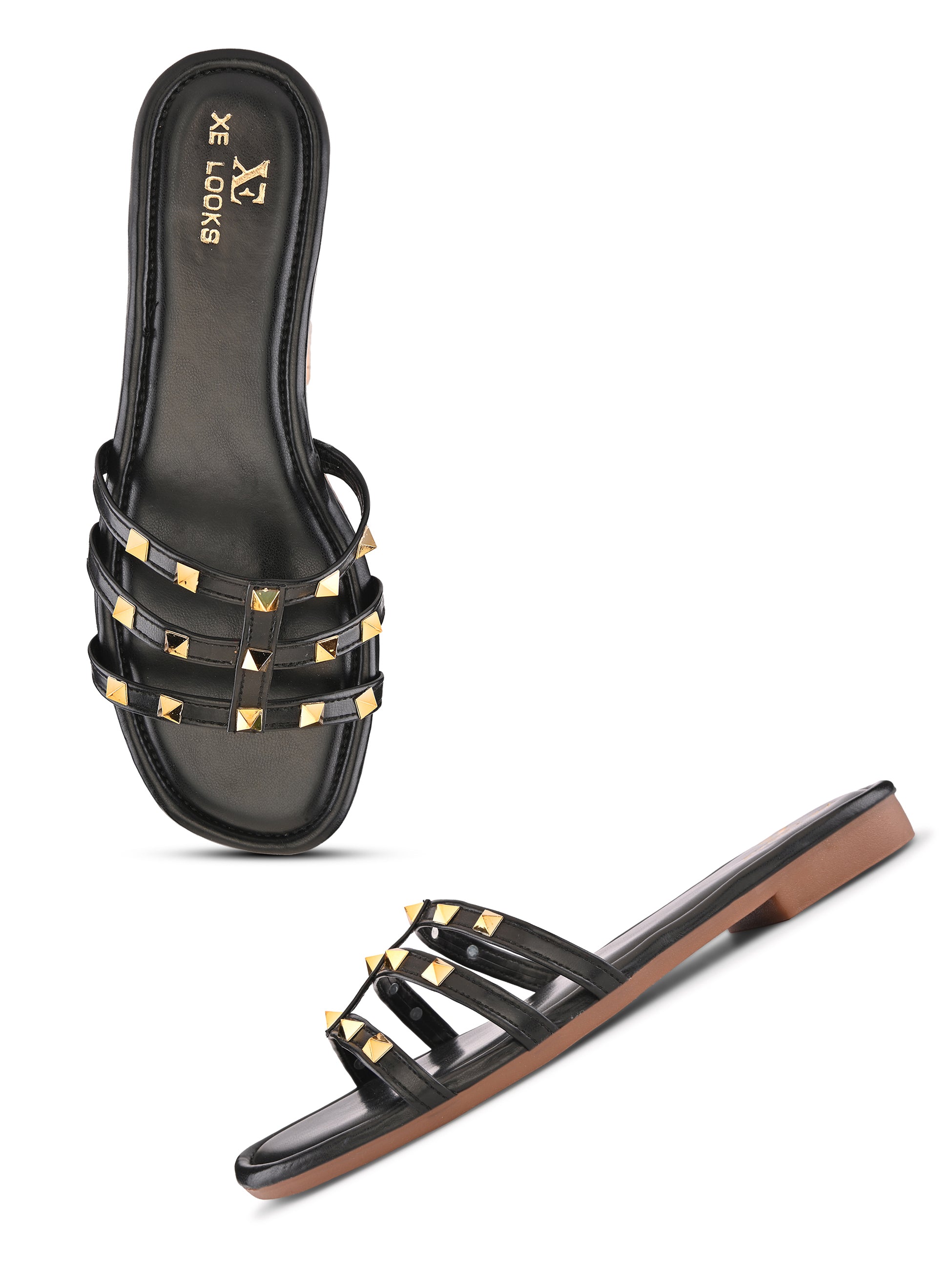 STUDDED MULTI-STRAP OPEN TOE FLAT SANDALS