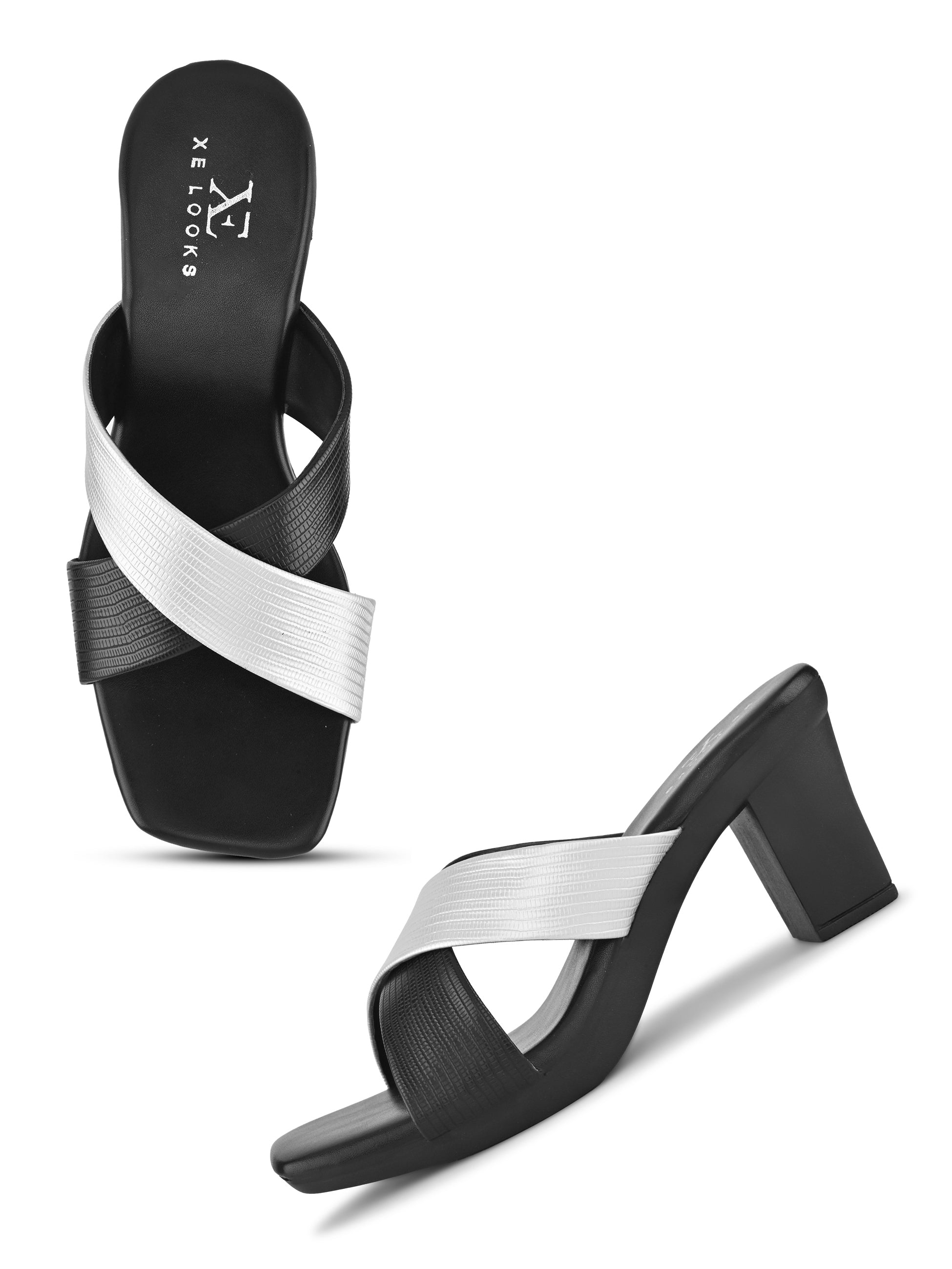 TEXTURED CROSS-STRAP SQUARE TOE BLOCK HEEL MULES