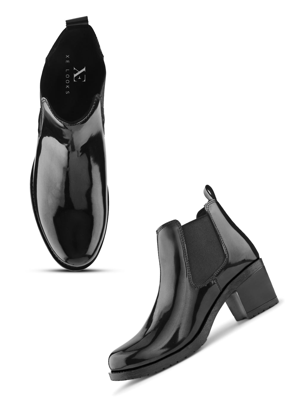 Glossy Elastic Panel Block Heel Chelsea Boots