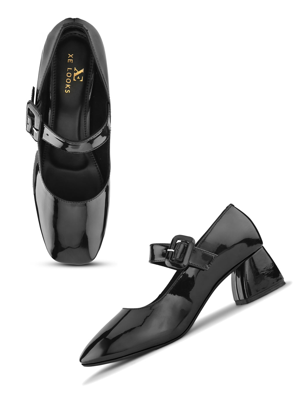 Glossy Patent-Finish Buckle Strap Block Heel Closed Toe Pumps