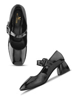 Glossy Patent-Finish Buckle Strap Block Heel Closed Toe Pumps
