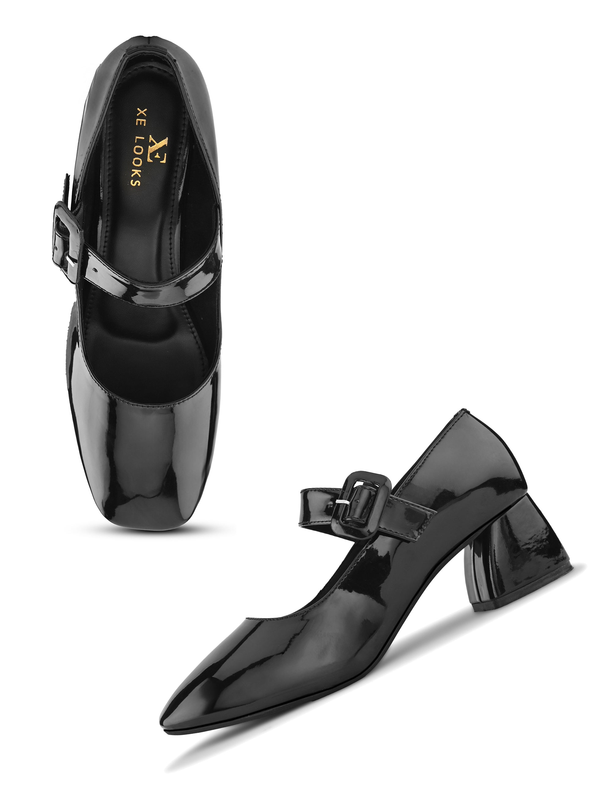 Glossy Patent-Finish Buckle Strap Block Heel Closed Toe Pumps
