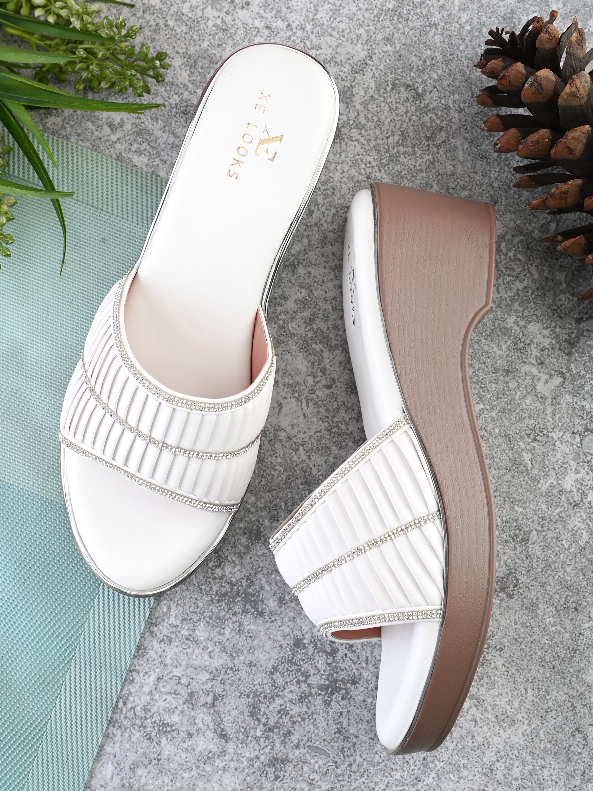 Classic Wedge Sandals Broad Pleated Strap with Subtle Embellishment for Women