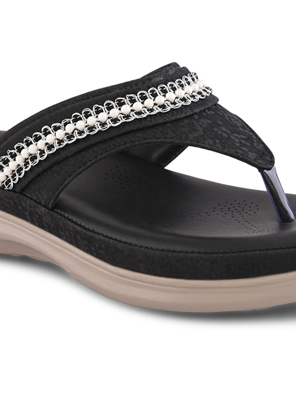 Embellished Pearl Strap Cushioned Comfort Flat Slippers
