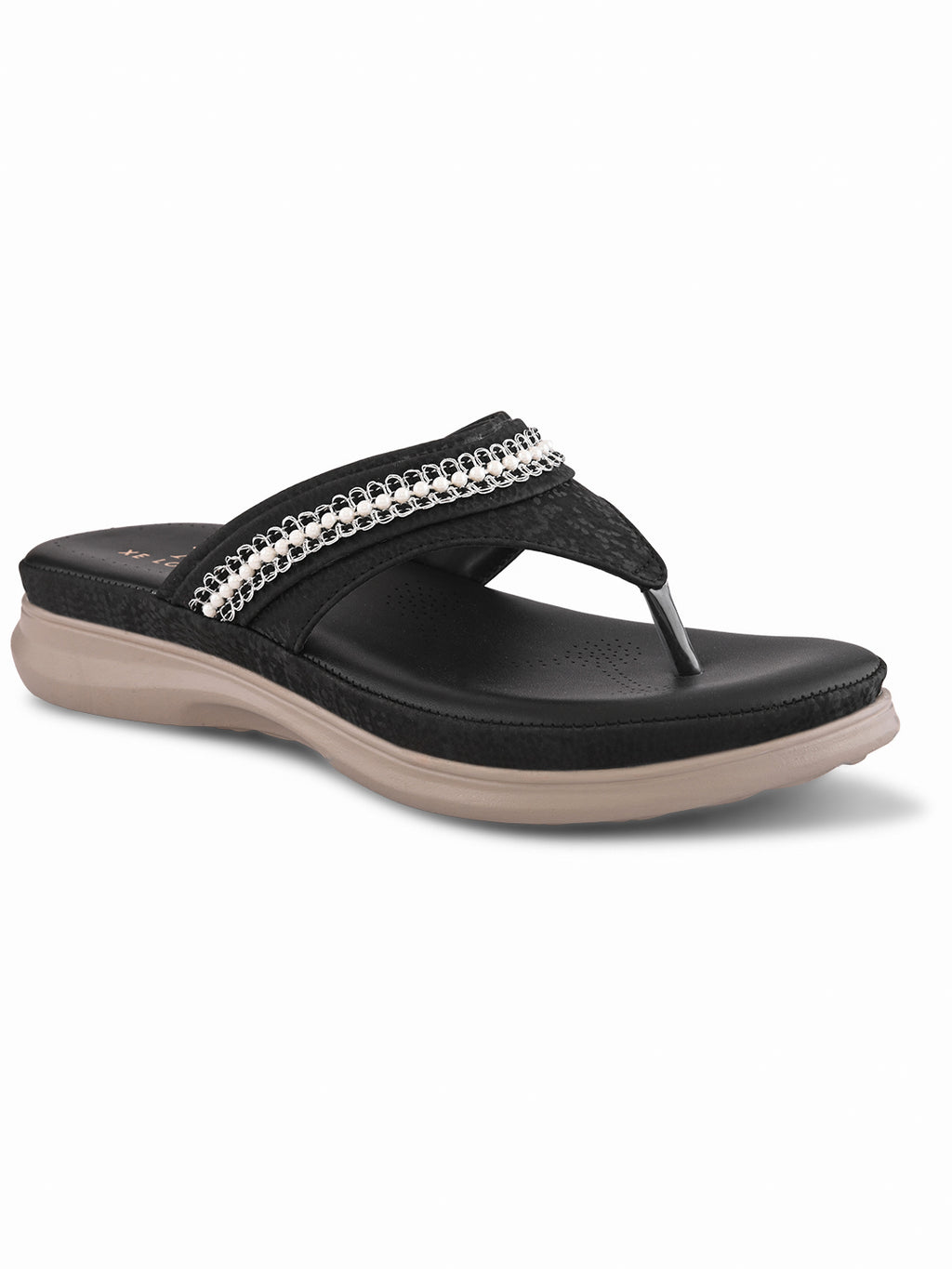Embellished Pearl Strap Cushioned Comfort Flat Slippers