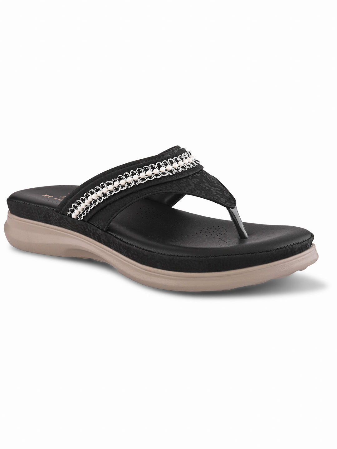 Embellished Pearl Strap Cushioned Comfort Flat Slippers