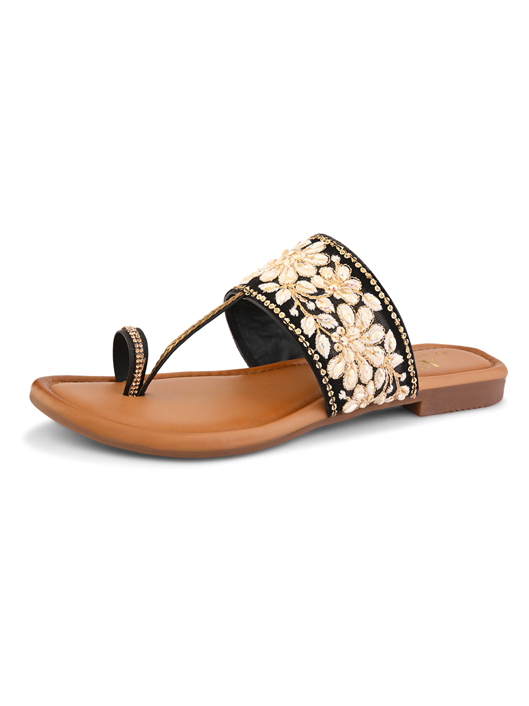 Stylish Floral Embellished Toe-Ring Flat Slippers
