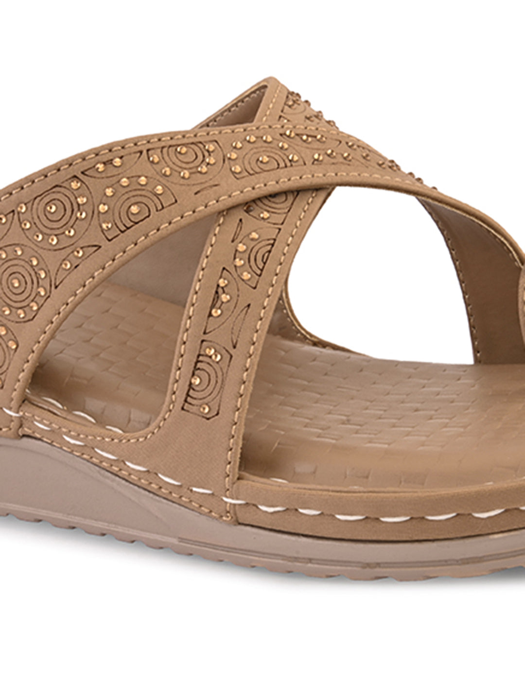 Soft & Supportive Engraved Cross Strap Wedge Slippers