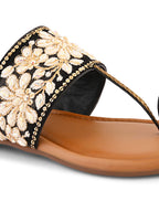 Stylish Floral Embellished Toe-Ring Flat Slippers